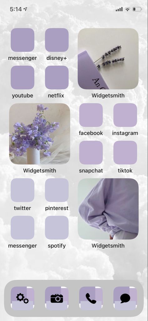 lavender purple ios14 home screen wallpaper Purple Phone Astetic, Lavender Homescreen Wallpaper, Aesthetic Iphone Theme Ideas Purple, Lavender Iphone Aesthetic, Homescreen Asethic, Purple Ios Aesthetic, Ios Purple Home Screen, Lavender Iphone Layout, Lavender Aesthetic Lockscreen