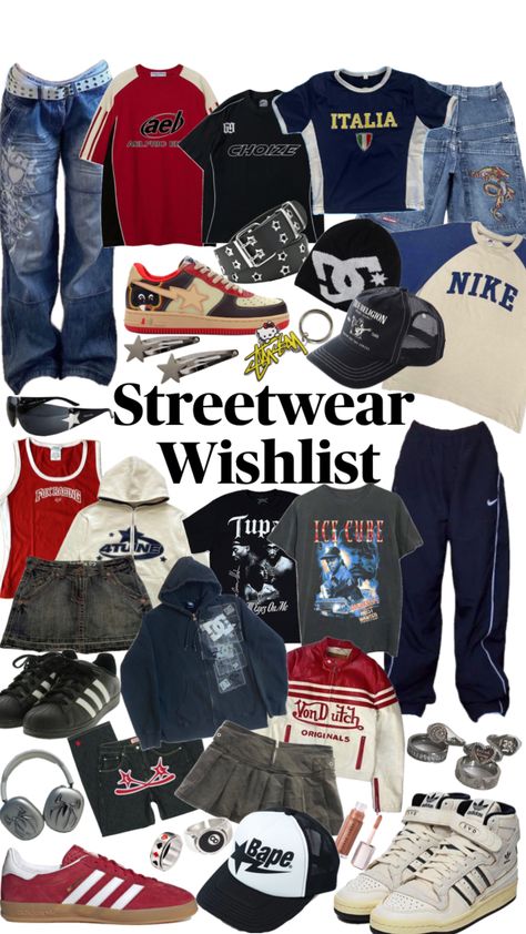 Streetwear wishlist #fashion #streetwear #y2k #aesthetic 2000s Inspired Outfits, Cute Y2k Outfits, Y2k Streetwear Aesthetic, 2000s Streetwear, Skater Outfit, Top Clothing Brands, Y2k Outfit Ideas, Downtown Outfits, Streetwear Y2k