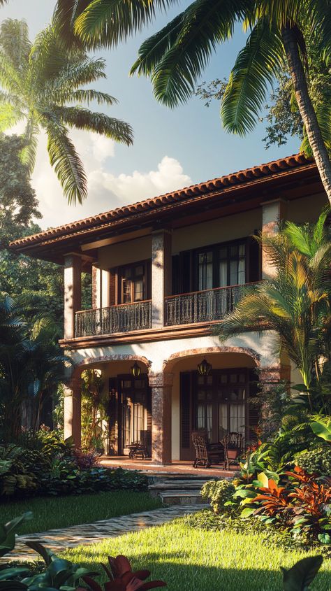 A stunning tropical house showcasing expansive windows overlooking verdant gardens. Tropical Beach House Exterior, Jamaican House Design, Tropical Houses Interior, Tropical Windows, Jamaica House, Tropical Homes, Tropical Colonial, Tropical Beach Houses, Tropical Retreat