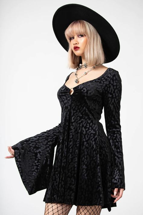 MINI DRESSES | Killstar 2010 Fashion, Skull Dress, Chain Dress, Iconic Dresses, Plunge Dress, Lace Skater Dress, Leopard Dress, Black Long Sleeve Dress, Stretch Velvet