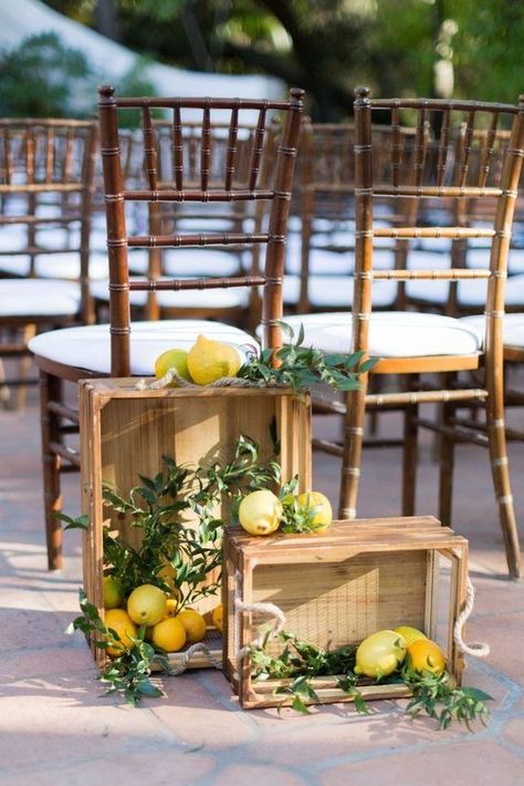 highlight your wedding ceremony space with crates with greenery and lemons to remind where you are tying the knot Tuscan Themed Wedding, Tuscany Inspired Wedding, Lemon Themed Wedding, Lemon Themed Party, Lemon Themed Bridal Shower, Wedding Ceremony Decorations Outdoor, Wedding Ceremony Decor, Citrus Wedding, Tuscan Wedding