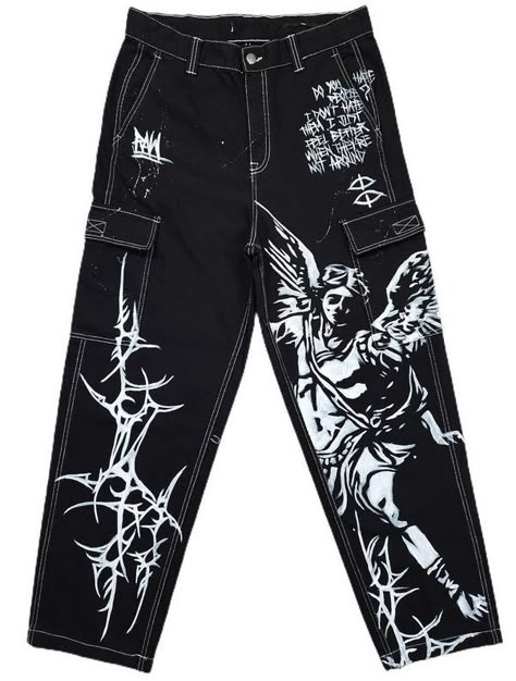 Black Aesthetic Pants, Black Jeans Painting, Diy Painted Pants, Black Pants Design, Paint Clothes Ideas, Painted Jeans Ideas, Jean Painting Ideas, Painting On Jeans, Drawing On Clothes