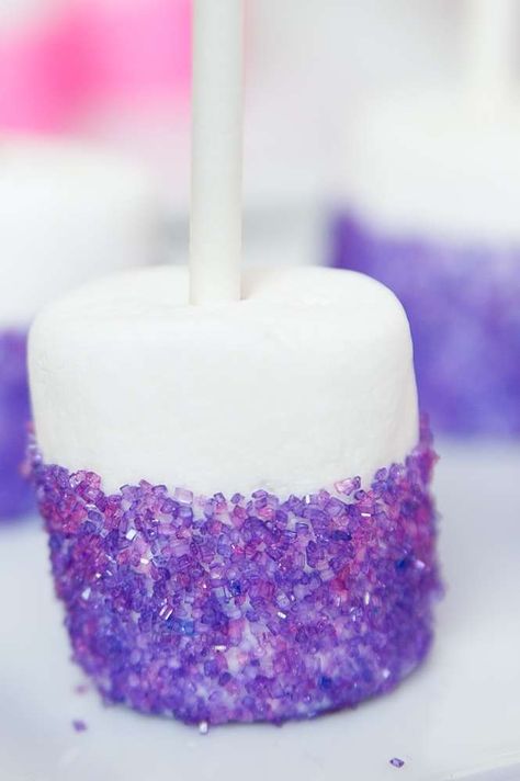 Sophias First Birthday | CatchMyParty.com Mermaid Marshmallows, Purple Party Theme Ideas, Purple Snacks For Color Party, Purple Party Decorations Birthday, Purple Marshmallows, Purple Snacks For Party, Purple Snacks, Twinkle Cake, Princess Sofia Birthday