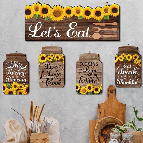 PRICES MAY VARY. ✔️【KITCHEN SIGNS】You will receive 5pcs sunflower kitchen decorations with hemp ropes, including 4pcs 5" × 8" mason jar and 1pc 5.4" × 12" rectangular shaped wooden board, enough to meet your decorative needs. ✔️【SUNFLOWER DESIGN】The kitchen wooden decor is printed with 3D vivid sunflower patterns and classic kitchen terms like "Let's Eat", "Eat, drunk, and Thankful" and more, matching with the kitchen-themed mason jar shape, which can bring much fun to your home. ✔️【PREMIUM MATE Kitchen Wall Decorations, Sunflower Stuff, Sunflower Themed Kitchen, Sunflower Mason Jar, Rustic Wooden Signs, Western Kitchen Decor, Sunflower Home Decor, Sunny Kitchen, Sunflower Kitchen Decor