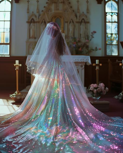 Iridescent Dress Aesthetic, Wedding Dresses Rainbow, Rave Wedding Dress, Holographic Wedding Dress, Iridescent Wedding Theme, Iridescent Wedding Dress, Iridescent Gown, Iridescent Aesthetic, Rave Wedding