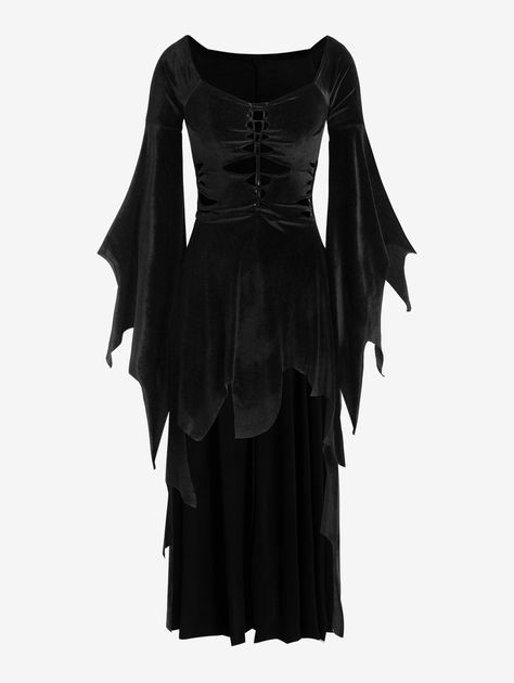 Bat Wing Dress, Wing Dress, Long Sleeves Dresses, Halloween Silhouette, Asymmetrical Collar, Eclectic Witch, Color Decoration, Style Gothic, Gothic Clothes