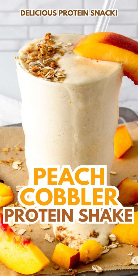 A high-protein twist on the classic summer dessert, this peach cobbler protein shake is a quick & delicious gluten-free protein smoothie. Makes a great high protein breakfast or snack! Protein Drink Smoothie Recipes, Delicious Protein Smoothies, On The Go Protein Shakes, Bulk Up Smoothies, Protein Shake Recipes Fruit, Protein Shake Snacks, Green Protein Shake Recipes, Oatmeal Protein Shake Recipes, Boost Drink Recipes