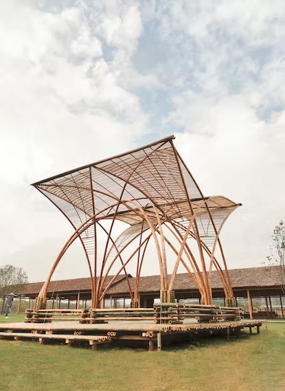 Phoenix Pavilion // Jiangzuo Studio of Huazhong University of Science and Technology - Architizer Journal Bamboo Pavilion, Architecture Ceiling, Architecture Jobs, Bamboo Building, Yangtze River, Bamboo Structure, Pavilion Architecture, Bamboo Architecture, Bamboo Construction