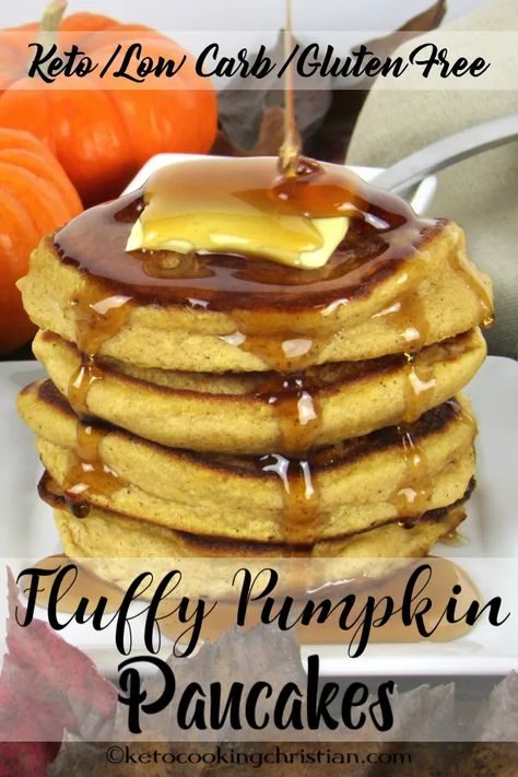 Fluffy Pumpkin Pancakes - Keto, Low Carb & Gluten Free Light and fluffy pumpkin pancakes are the perfect fall breakfast, topped with your favorite sugar-free maple syrup! #ketorecipes #keto #lowcarb #ketodiet #ketogenicdiet #lowcarbdiet #ketogenic #lowcarbhighfat #lowcarbrecipes #lchf #glutenfree #ketoweightloss #ketocookingchristian Keto Pumpkin Pancakes, Almond Flour Pumpkin, Pumpkin Pancake, Desayuno Keto, Almond Flour Pancakes, Pumpkin Pancake Recipe, Coconut Flour Pancakes, Flour Pancakes, Sugar Free Maple Syrup