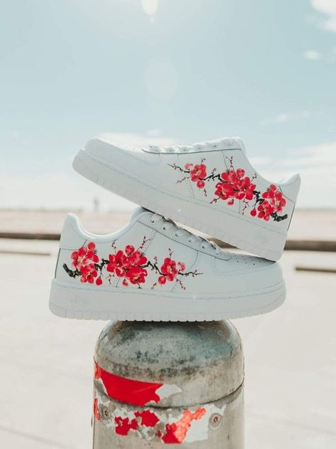 Nike Shoes Women Fashion, Red Cherry Blossom, Custom Painted Shoes, Custom Shoes Diy, Painted Sneakers, Trendy Shoes Sneakers, All Nike Shoes, Flower Shoes, Cute Nike Shoes