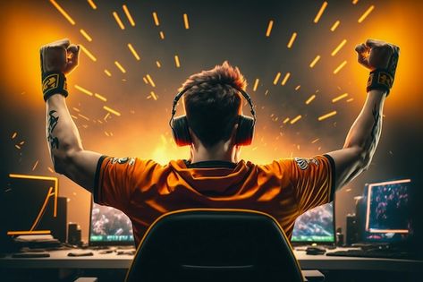 Photo professional e-sports gamer rejoic... | Premium Photo #Freepik #photo #cybersport #game-player #computer-game #video-gaming Gaming Creative Ads, Gaming Cover Photo, Video Game Photoshoot, Gamer Photo, Gaming Photo, Total Gaming, Video Game Designer, Gaming Photography, Fire Ideas