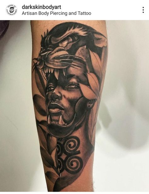 African Worrier Tattoo, African God Tattoo, Afro Tattoo Ideas Men, African Mythology Tattoo, Africa Lion Tattoo, African Leg Tattoo Men, Black God Tattoo, Neg Mawon Tattoo, Black King Tattoo