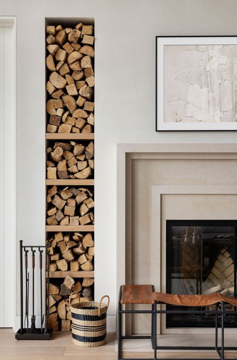 Fireplace Wall Wood Storage, Vertical Log Storage Living Room, Firewood Storage Indoor Living Rooms, Firewood Storage Indoor, Lindye Galloway, Storage Fireplace, The Grotto, Fireplace Logs, Fireplace Built Ins