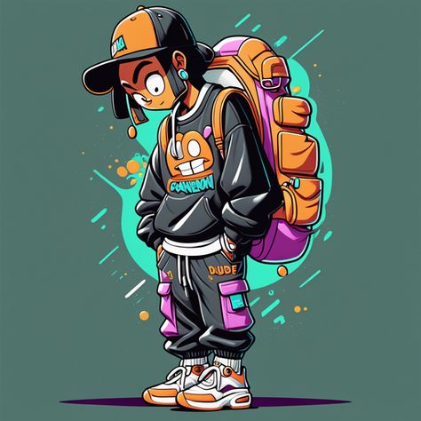 a vector t shirt design for image of a cartoon character in a sweatshirt and wide pants, with large sneakers and a hat on his head , streetwear, dude, full-length, game art, 1990s and 2000s aesthetics, y2k aesthetics, comic book style, digital art, fantasy art, kawaii, mascot, behance hd, minimalistic, no background White background, in the background the image is graffiti with the word "y2k wave" written in orange and black ink on a white background. Graffiti Digital Art, Kawaii Mascot, Streetwear Cartoon, Cartoon Streetwear, Tee Sticker, Vector Illustration Character, A Cartoon Character, Art Kawaii, Graffiti Style Art