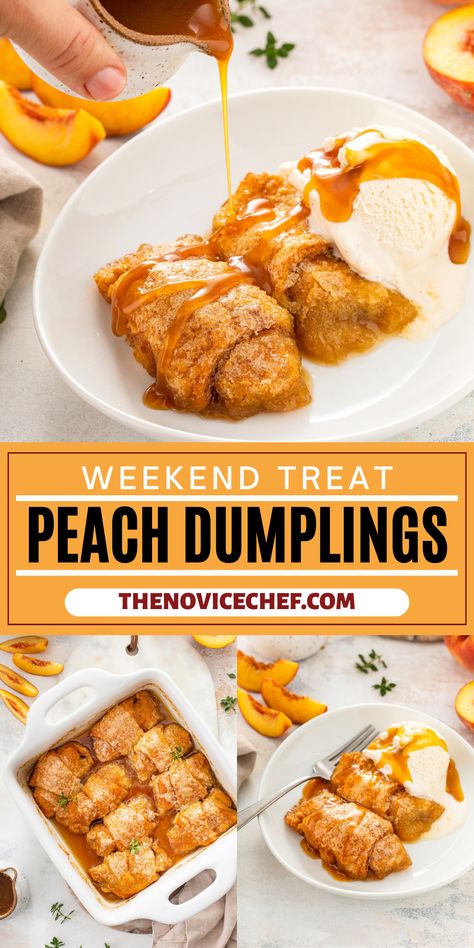 Easy-yet-decadent Peach Dumplings will melt in your mouth! Topped with rich brown butter caramel sauce, these dumplings will have your family begging for seconds. Easy Peach Dumplings, Your Mouth Your, Butter Caramel Sauce, Brown Butter Caramel, Peach Dumplings, Peach Dessert Recipes, Butter Caramel, Creamy Pudding, Dumplings Recipe