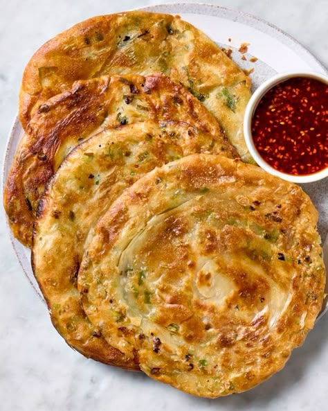 Scallion Pancakes Recipe (Easy & Extra Flaky!) | The Kitchn Pancakes Recipe Easy, Scallion Pancakes Chinese, Chili Dipping Sauce, Scallion Pancake Recipe, Fry Noodles, Csa Recipes, Scallion Pancakes, Pancake Recipe Easy, Stir Fry Noodles