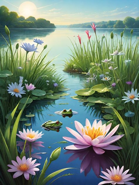 Lake With Flowers, Lily Pond Painting, Soft Board, Clip Art Frames Borders, Drawing Designs, Trouser Pattern, Pond Painting, Lily Pond, Flower Art Painting