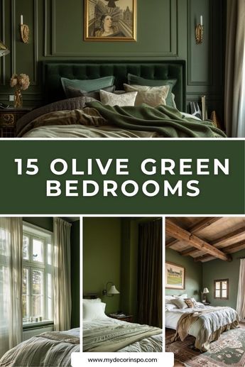 Get inspired by these beautiful olive green bedrooms that combine stylish design and comfort to transform any space into a cozy retreat. Green Bedroom Interior, Moody Green Bedroom, Bedroom Overview, Hunter Green Bedrooms, Green Paint Colors Bedroom, Forest Green Bedrooms, Green Bedroom Colors, Green Bedroom Paint, Emerald Green Bedrooms