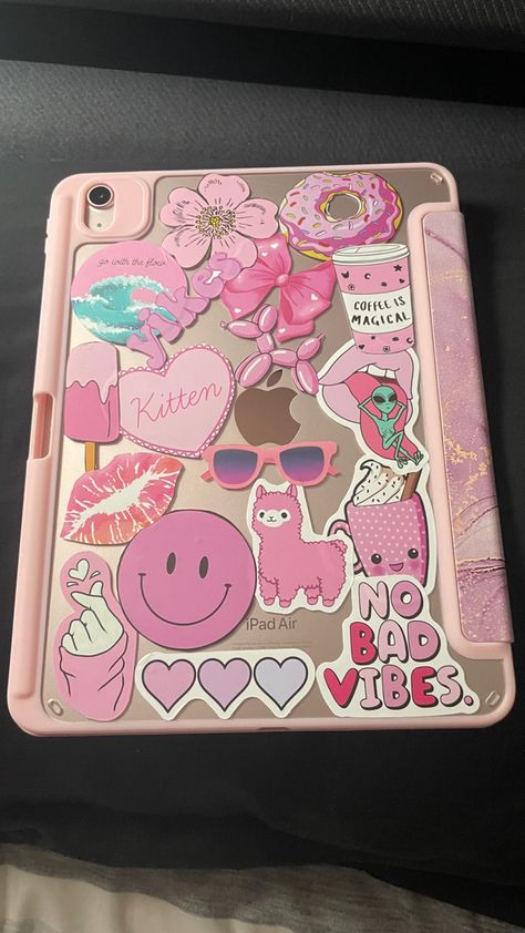 Pink Ipad Air Aesthetic, Pink Ipad Accessories, Stickers For Ipad Case, Decorate Ipad Case, Decorating Ipad Case, Ipad Iphone Aesthetic, Pink Ipad Case Aesthetic, Ipad Air Pink Aesthetic, Ipad Case Stickers Ideas Aesthetic