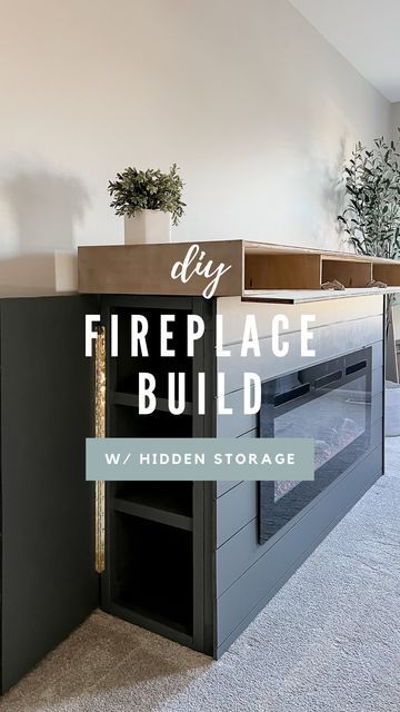 Amanda Vernaci | Come Stay Awhile on Instagram: "How to build a completely custom fireplace for under $400! WITH HIDDEN STORAGE 🤫👏🏼 . The full tutorial is now LIVE on the blog with instructions and my materials list for this DIY fireplace build. Linked in my bio! . I wanted to build something that would cozy up our bedroom but still remain functional with some storage and BAM💥 this DIY build was born! I built the entire thing around the 48” Sierra fireplace insert from @dimplex_northamerica Diy Fireplace Small Living Room, Modern Fireplace Storage, Homemade Fireplace Diy, Mantle On Wall No Fireplace, Cabinet For Fireplace Insert, Built In Electric Fireplace With Storage, Diy Fireplace Bench, Asymmetrical Fireplace Wall Built Ins, Fake Fireplace With Storage