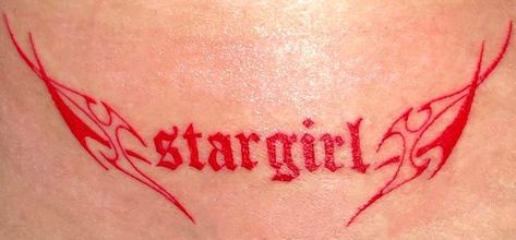 Tramp Stamp With Words, Hot Tramp Stamp Tattoos, Baddie Tramp Stamp, Name Tramp Stamp Tattoos, 2000s Tramp Stamp Tattoos, Word Tramp Stamp, Stargirl Tattoo, Ldr Tattoo, The Weeknd Tattoo