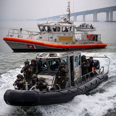 A U.S. Coast Guard Sector San Francisco 45-foot response-boat and Solano County Sheriff boat crews participate in an active shooter drill during a multi-day, multi-agency exercise inside the San Francisco Bay. Coast Guard Art, Coast Guard Rescue Swimmer, Coast Guard Auxiliary, Coast Guard Boats, Us Coast Guard, San Francisco Bay, Coast Guard, Us Navy, United States Of America