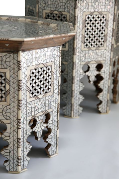 Mother of Pearl Tables.  Designed By: Nevine Designs.To be ordered online through www.levantania.com Commode Decor, Bed Console, 1001 Arabian Nights, Curtain Embroidery, Entrance Corridor, Islamic Interior Design, Table Drawing, Hall Entrance, Moorish Design