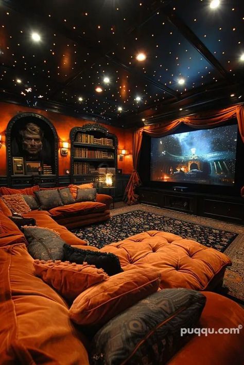 Unique Home Theater Ideas, Indoor Theatre Home Theaters, Theatre Style Living Room, Speakeasy Inspired Room, Industrial Movie Room, Disney Movie Room Ideas, Moody Theater Room, Movie Theater Rooms Aesthetic, Garage Movie Theater