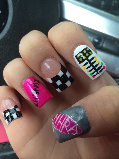 NHRA drag racing nails! I want!!!!!! OMG! Nails Racing Design, Drag Racing Nail Designs, Drag Racing Nails, Mechanic Nails, Chevy Nails, Racing Nails, Nail Designs Pictures, Bunny Nails, Nail Pictures