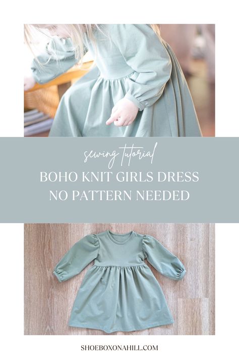 Boho Knit Girl's Dress - No Pattern Needed Sewing Tutorial Jersey Knit Dress Pattern Free, Free Kids Clothing Sewing Patterns, Little Baby Girl Dress Pattern, Free Kid Sewing Patterns, Simple Girls Dress Pattern, Baby Girl Sewing Projects, Toddler Girl Dress Pattern, Sewing Kids Clothes Patterns, Sewing Girls Dresses