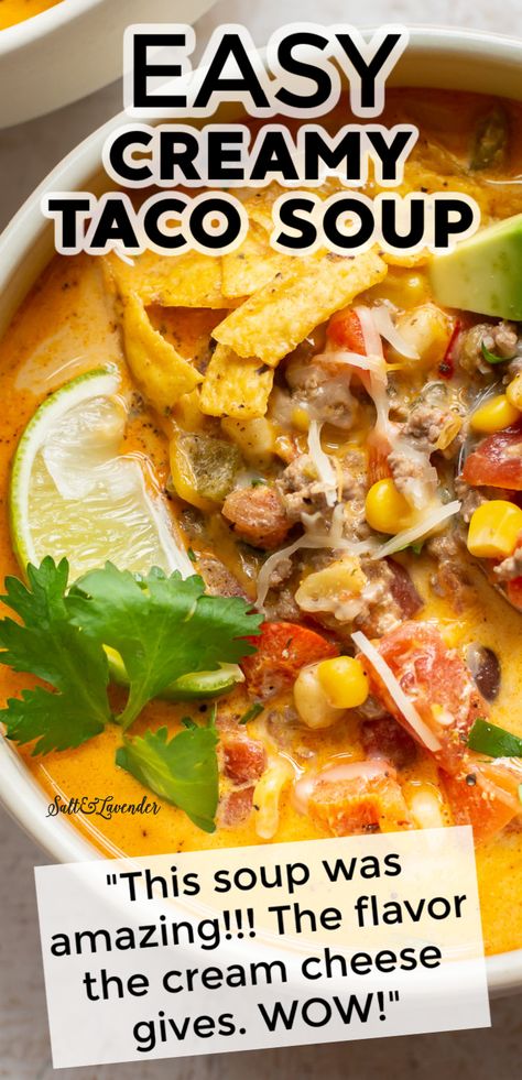 Creamy Taco Soup Recipe, Taco Spices, Taco Soup Recipe Crockpot, Creamy Taco Soup, Corn And Black Beans, Taco Soup Recipe Easy, Mexican Soup Recipes, Taco Soup Crock Pot, Soup With Ground Beef