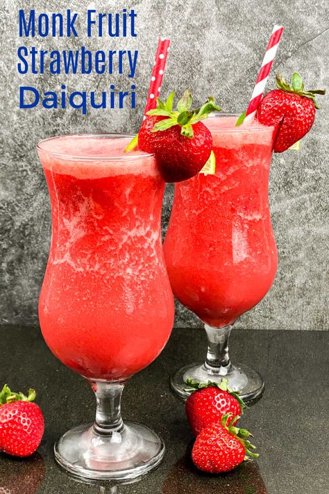 Monk Fruit Strawberry Daiquiri Recipe Frozen Fruit Cocktails, Strawberry Daiquiri Recipe, Strawberry Daiquiri Cocktail, Pina Colada Mocktail, Frozen Strawberry Daiquiri, Frozen Drink Recipes, Daiquiri Recipe, Strawberry Cocktails, Frozen Strawberry