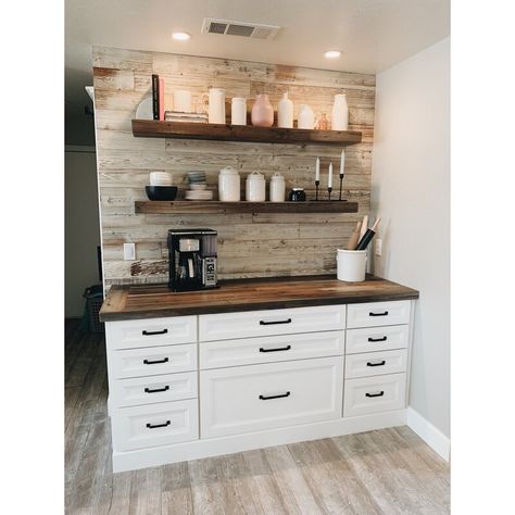 Remodel Wood Panel Walls, Coffee And Wine Bar With Floating Shelves, Basement Kitchenette Wall Shelves, Basement Mini Bar With Sink, Farmhouse Coffee Bar Wall Shelves, Kitchen Combos, Coffee Bar Woth Floating Shelves, Wine Nook, Butler Kitchen