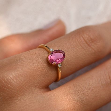 Pink Gemstone Engagement Rings, Ruby Ring Designs, Pink Tourmaline Engagement Ring, Pink Engagement, Delicate Gold Ring, Tourmaline Engagement Ring, Pink Engagement Ring, July Birthstone Ring, Gemstone Engagement Ring