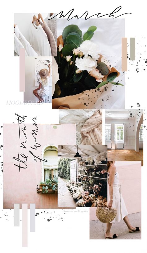 March 2018 Moodboard Sweet Horizon Studio Blog | Brandboard | Handlettering | Calligraphy | Handwriting | Blush Tones | Blush and Grey | Color Scheme | Color Palette | Feminine Colors | Feminine Moodboard | Editorial Layout, March Moodboard, Pantone Cards, Fashion Editorial Layout, 잡지 레이아웃, Color Schemes Colour Palettes, Blush Tones, Mood Board Inspiration, Fashion Collage