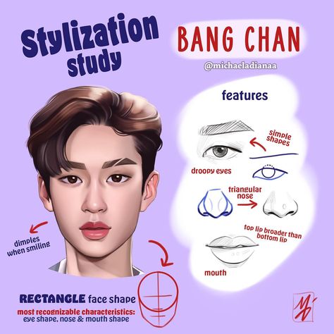 Stylization Study, Boy Haircut Ideas, Rectangle Face Shape, Droopy Eyes, Piskel Art, Skz Bangchan, Procreate Illustration, Face Study, Straykids Bangchan