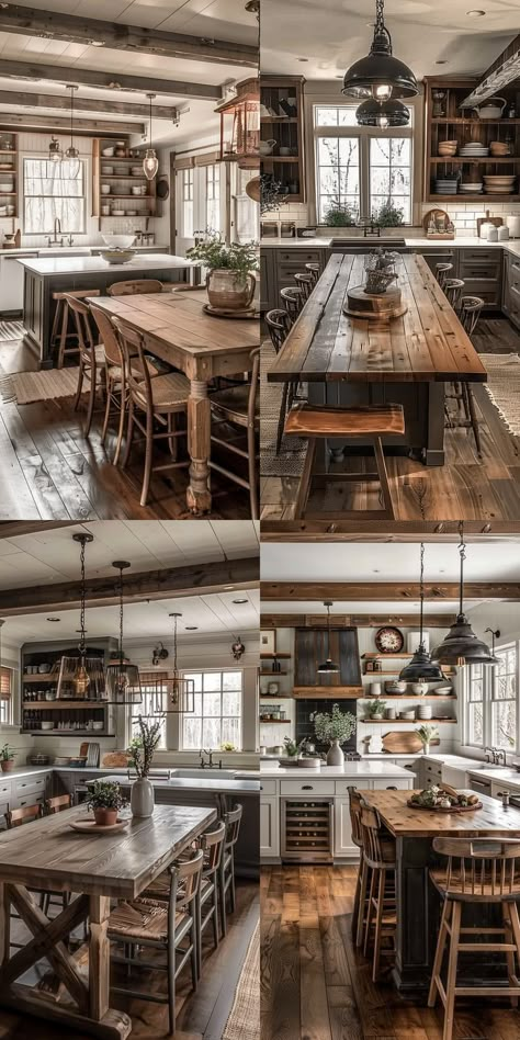 Create a Gathering Space with a Farmhouse Kitchen Island with Seating - Quiet Minimal Farmhouse Kitchen With Table In Middle, Table In Place Of Island, Kitchen With Farmhouse Table, Rustic Eat In Kitchen, Farmhouse Kitchen With Table, Farmhouse Table Island, Kitchen With Dining Table In The Middle, Kitchen Island As Dining Table, Eat In Kitchen Ideas Layout