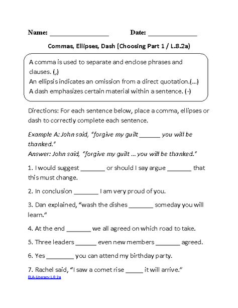 Commas Ellipses Dash CCSS.ELA-Literacy.L.8.2a Language Worksheet Teaching Punctuation, 9th Grade English, 8th Grade English, 8th Grade Reading, Punctuation Worksheets, Blood Types, Common Core Language, Language Arts Worksheets, Ela Worksheets