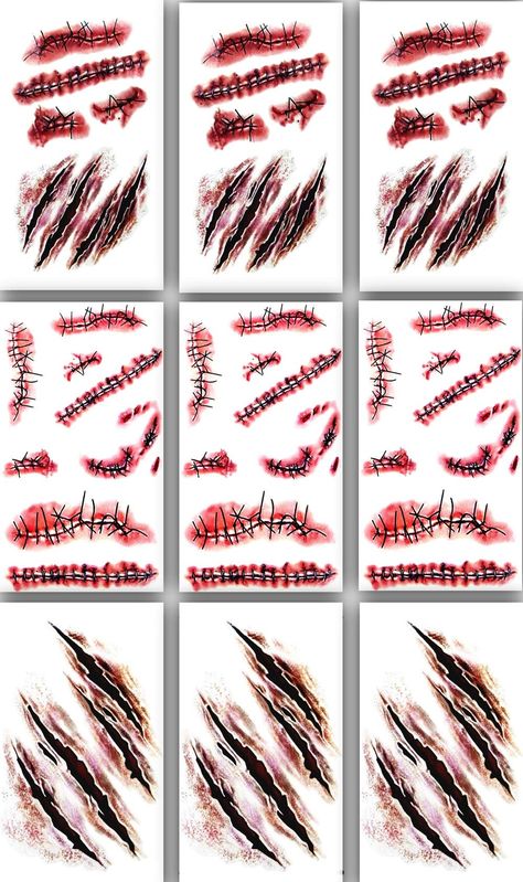 9pcs Horror Realistic Fake Bloody Wound Stitch Scar Scab Waterproof Temporary Tattoo Sticker Halloween Masquerade Prank Makeup Props Fake Scar Tattoo, Halloween Zombie Makeup, Fake Scar, Halloween Scary Face, Fake Wounds, Facial Scars, Scar Tattoo, Elements Tattoo, Holloween Costume