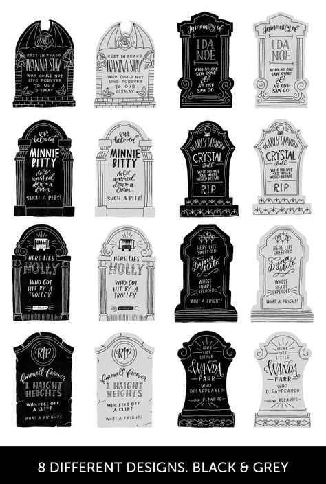 When it comes to placemats, these tombstones are to die for! Print them out and throw them away after dinner or print on card stock at a local print shop and laminate them! That way, just wipe them off at the end of the meal and save them for next time. With 8 different tombstones, you'll get a lot of use out of these before your child gets the same placemat twice! We have included tombstones with names and without names in this pack. That way you can fill in your individual guest names and use Door Decorating Halloween, Halloween Tombstone Sayings, Manly Party Decorations, Halloween Yard Art, Decorating Halloween, Tombstone Designs, Office Halloween, Halloween Clip Art, Halloween Paper Crafts