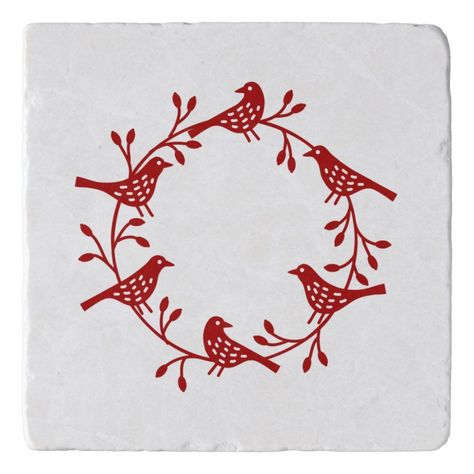 Bird Wreath Red on White Modern Scandi Festive Trivet Scandi Tattoo, Classy Christmas Cards, Scandinavian Christmas Ornaments, Painted Window Art, Christmas Pottery, Scandi Art, Bird Wreath, Lino Printing, Scandinavian Christmas Decorations