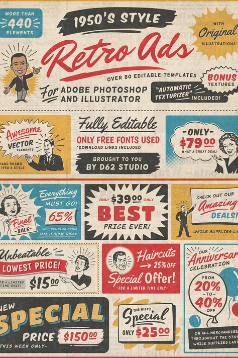 Retro style 1950s ad templates for your website, blog or print. Choose from a variety of styles and layouts to create a stunning vintage. #VintageFonts #FreeFonts #RetroDesign #Typography #GraphicDesign 1940s Posters Vintage Ads, Vintage Ad Posters Retro Ads, 1950 Poster Design, Retro Advertising 1950s Illustrations, Vintage Ad Illustration, Vintage Style Graphic Design, 1950s Packaging Design, 1950 Graphic Design, Vintage Ad Posters