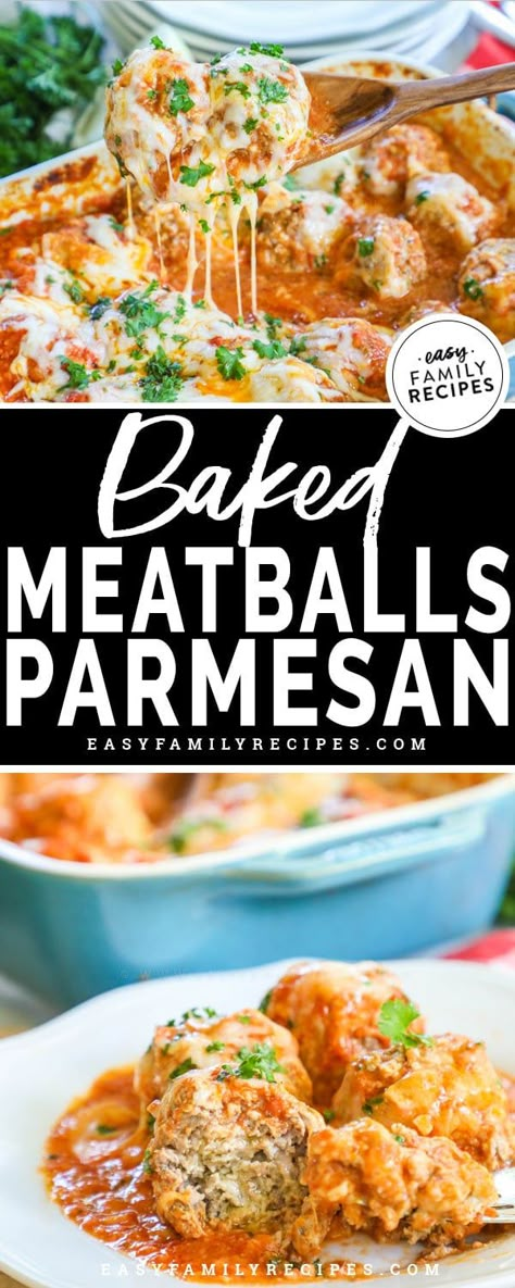 Baked Meatballs Parmesan · Easy Family Recipes Meatball Bake Recipes, Meatball Parmesan Bake, Recipes With Meatballs, Meatballs Parmesan, Meatball Parmesan, Baked Meatballs, Parmesan Meatballs, Parmesan Recipe, Meatball Bake