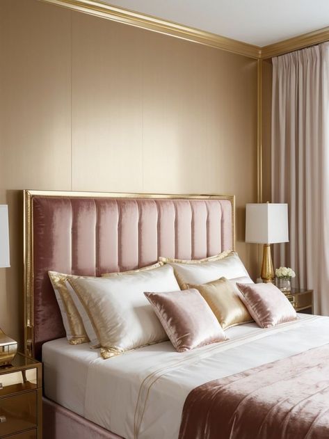 Pink Gold White Bedroom, Gold White Bedroom, Gold And White Bedroom, Gold Bedside Lamp, Pink Bedroom Aesthetic, Rose Gold Bed, Pink Princess Room, Gold Headboard, Bedroom Dresser Styling