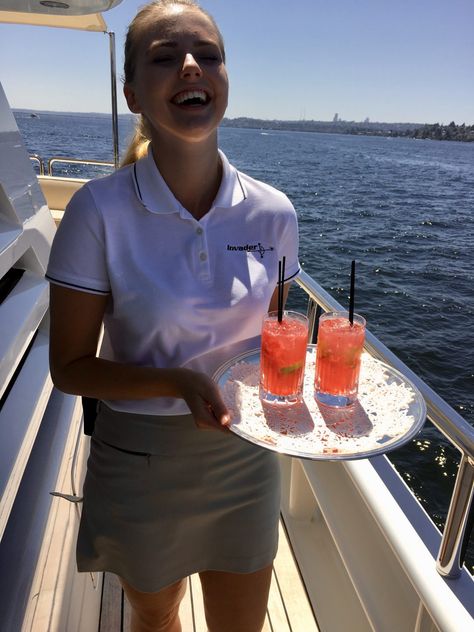 Pros & Cons of Yachting - The Yacht Stew Super Yacht Food, Restaurant Uniform Aesthetic, Super Yacht Stewardess, Boat Crew Uniform, Working On A Yacht Aesthetic, Yacht Crew Aesthetic, Below Deck Aesthetic, Beach Club Uniform, Yachtie Aesthetic