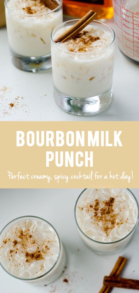 This Bourbon Milk Punch is the perfect creamy, spicy cocktail to enjoy on a hot day! #bourbon #milk #milkpunch #cocktail #cinnamon Cocktails With Half And Half, Burbon Drinks, Sunday Brunch Cocktails, Horchata Cocktail, Milk Punch Recipe, Bourbon Milk Punch, Brunch Punch, Milk Punch, Bourbon Cream