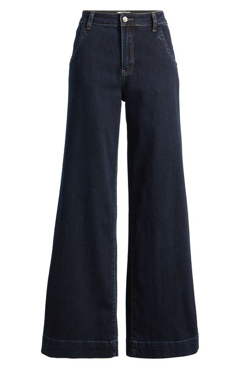 A tailored high waist and modern wide leg take these denim trousers and your workwear wardrobe to the next level. 27 3/4" to 33 3/4" inseam 95% cotton, 4% polyester, 1% spandex Machine wash, tumble dry Imported Dark Denim Wide Leg Jeans, Dark Wash Wide Leg Denim Pants, Dark Blue Straight Jeans Outfit, High Waisted Wide Leg Jeans Outfit, Professional Jeans, Blue Denim Outfits, Dark Blue Jeans Outfit, Dark Denim Pants, Straight Jeans Outfit