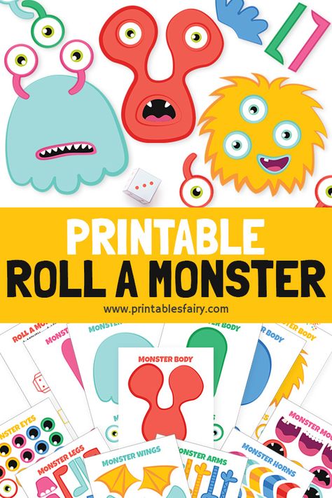 Looking for an easy Monster Craft for preschoolers? Make cute little monsters with our printable Roll a Monster game. Perfect for Halloween too! #halloweencrafts #halloweencraftsforkids #kidscrafts #preschoolcrafts Monsters Love School, Roll A Monster Game, Monster Theme Preschool Activities, Build A Face Printable, Roll A Monster Free Printable, Monster Preschool Theme, Roll A Monster Dice Game, Monster Theme Activities, Monster Theme Preschool