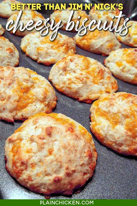 Better than Jim ‘N Nick’s Cheesy Biscuits – delicious and easy mini cheese biscuits – I ate WAY too many of these! Only 5 ingredients and ready in about 15 minutes! Bisquick, buttermilk, sugar, vanilla and cheddar cheese. #biscuit #roll #cheese #bbq #sidedish #breakfast #lunch Plain Chicken Recipe, Cheesy Biscuits, Cheesy Biscuit, Easy Main Dishes, Bisquick Recipes, Plain Chicken, Cheese Biscuits, Cooked Food, Cheese Muffins