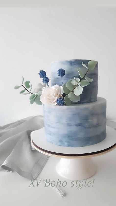 Blue Grey Wedding Cake, Blue Wedding Cakes Simple, White And Blue Engagement Cake, Blue Wedding Cake Ideas 2 Tier, Blue Ombré Wedding Cake, Blue Boho Wedding Cake, Wedding Cake Ideas Dusty Blue, Dusty Blue Bridal Shower Cake, Blue Flower Cake Ideas